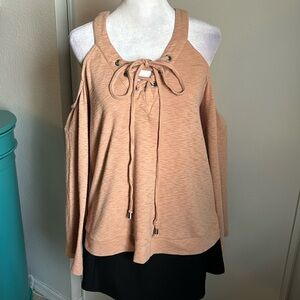 J.O.A Women’s Cold Shoulder Lace Up V-Neck Bell Sleeve Top